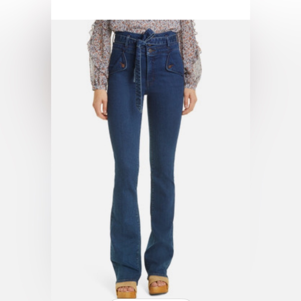 High-Rise Tie-Waist Flare Jeans - Dark Blue